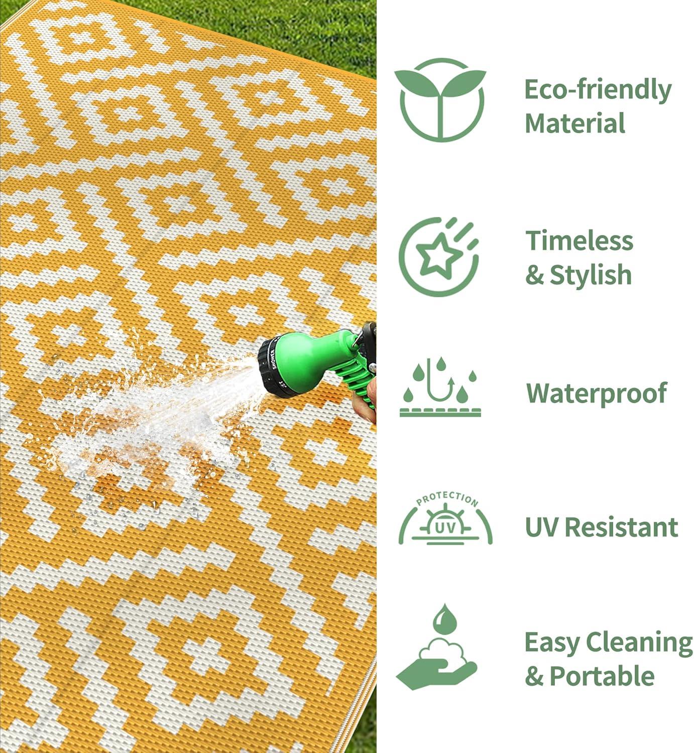 imageGENIMO Outdoor Rug for Patio Clearance9x18 Waterproof MatReversible Plastic Camping RugsRvPorchDeckCamperBalconyBackyardBlack ampamp GrayYellowbeigewhite