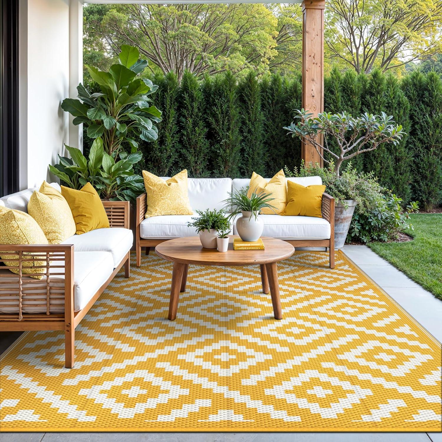 imageGENIMO Outdoor Rug for Patio Clearance9x18 Waterproof MatReversible Plastic Camping RugsRvPorchDeckCamperBalconyBackyardBlack ampamp GrayYellowbeigewhite