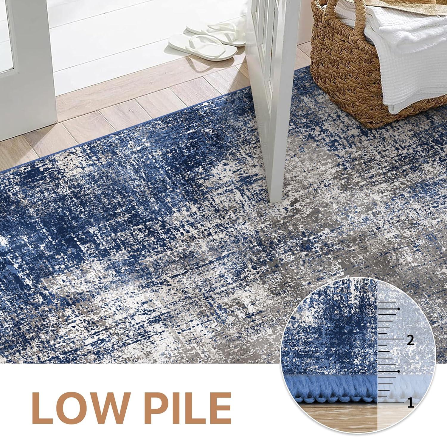 imageGENIMO Washable Area Rugs for Living Room 8x10 Modern Non Slip Rugs Low Pile Lightweight Soft Print Rug for Bedroom Dining Room Home Office Washed BlueampampGray