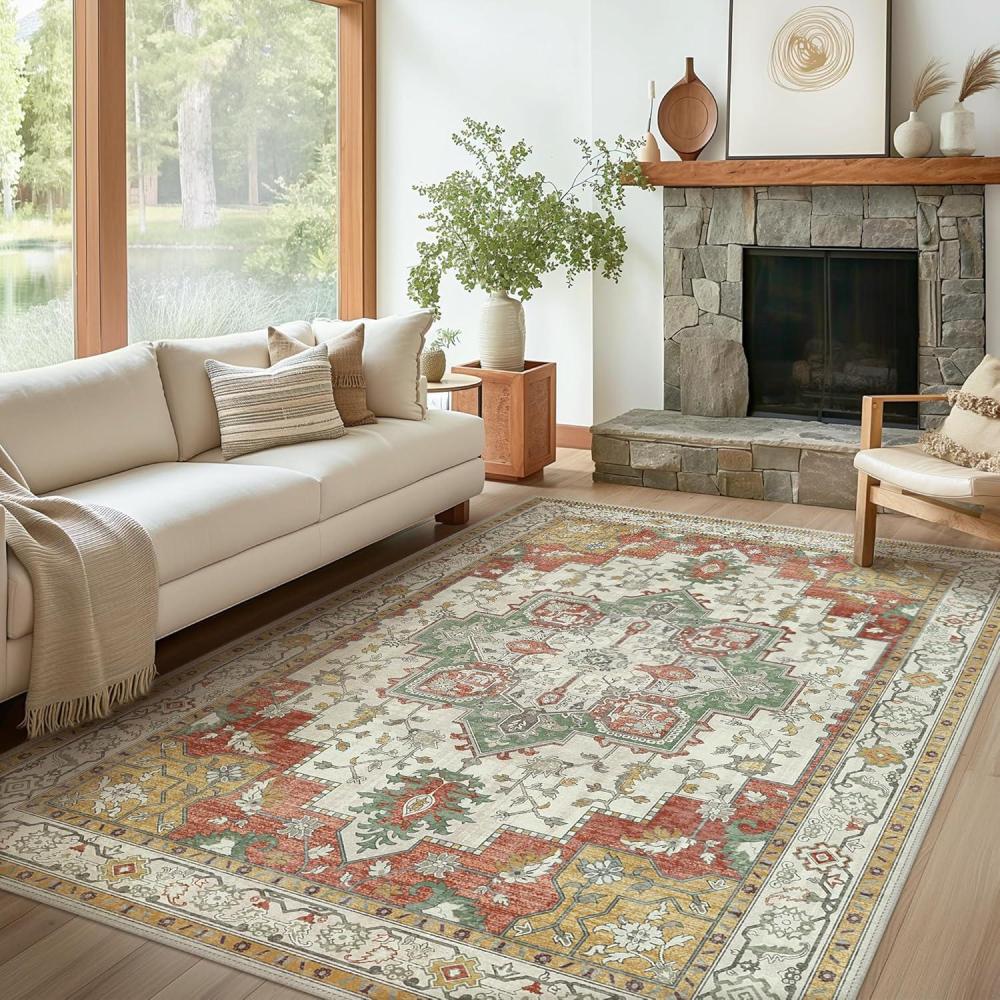 imageGENIMO 8X10 Area Rugs for Living Room Machine Washable Non Slip Vintage Rugs Low Pile Lightweight Chenille Print Rug for Bedroom Dining Room Home Office Brick Yellow