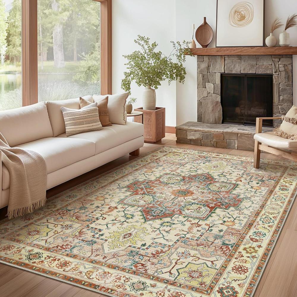 imageGENIMO 8x10 Area Rugs for Living Room Machine Washable Non Slip Vintage Retro Rugs Low Pile Lightweight Chenille Print Rug for Bedroom Dining Room Home OfficeFloral Blossom