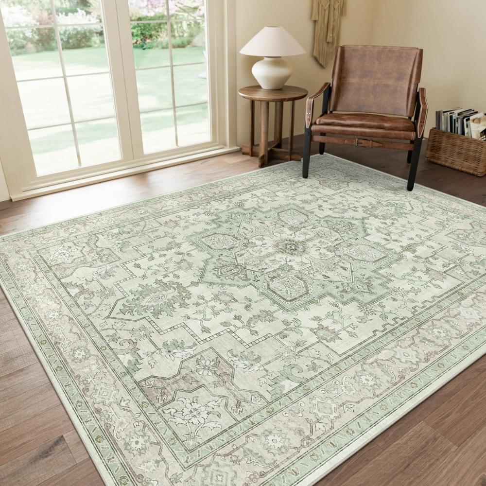 imageGENIMO 8x10 Area Rugs for Living Room Machine Washable Non Slip Vintage Rugs Low Pile Lightweight Chenille Print Rug for Bedroom Dining Room Home Office Oat Light