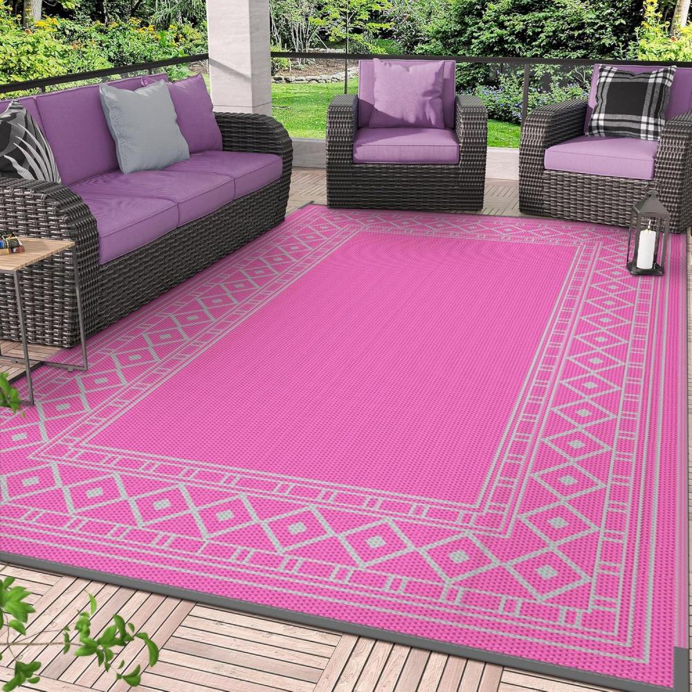 imageGENIMO Outdoor Rug Waterproof for Patio Decor 5x8 Reversible Plastic Straw Rug Carpet Camping Mats for Outdoor RV Backyard Deck Balcony Picnic Blue ampamp WhitePink  Grey  Natural