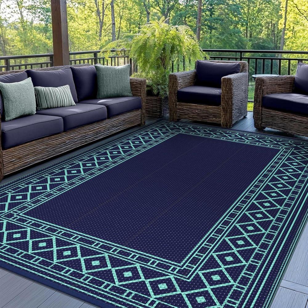 imageGENIMO Outdoor Rug Waterproof for Patio Decor 5x8 Reversible Plastic Straw Rug Carpet Camping Mats for Outdoor RV Backyard Deck Balcony Picnic Blue ampamp WhiteNavy Blue  Jade Green  Natural