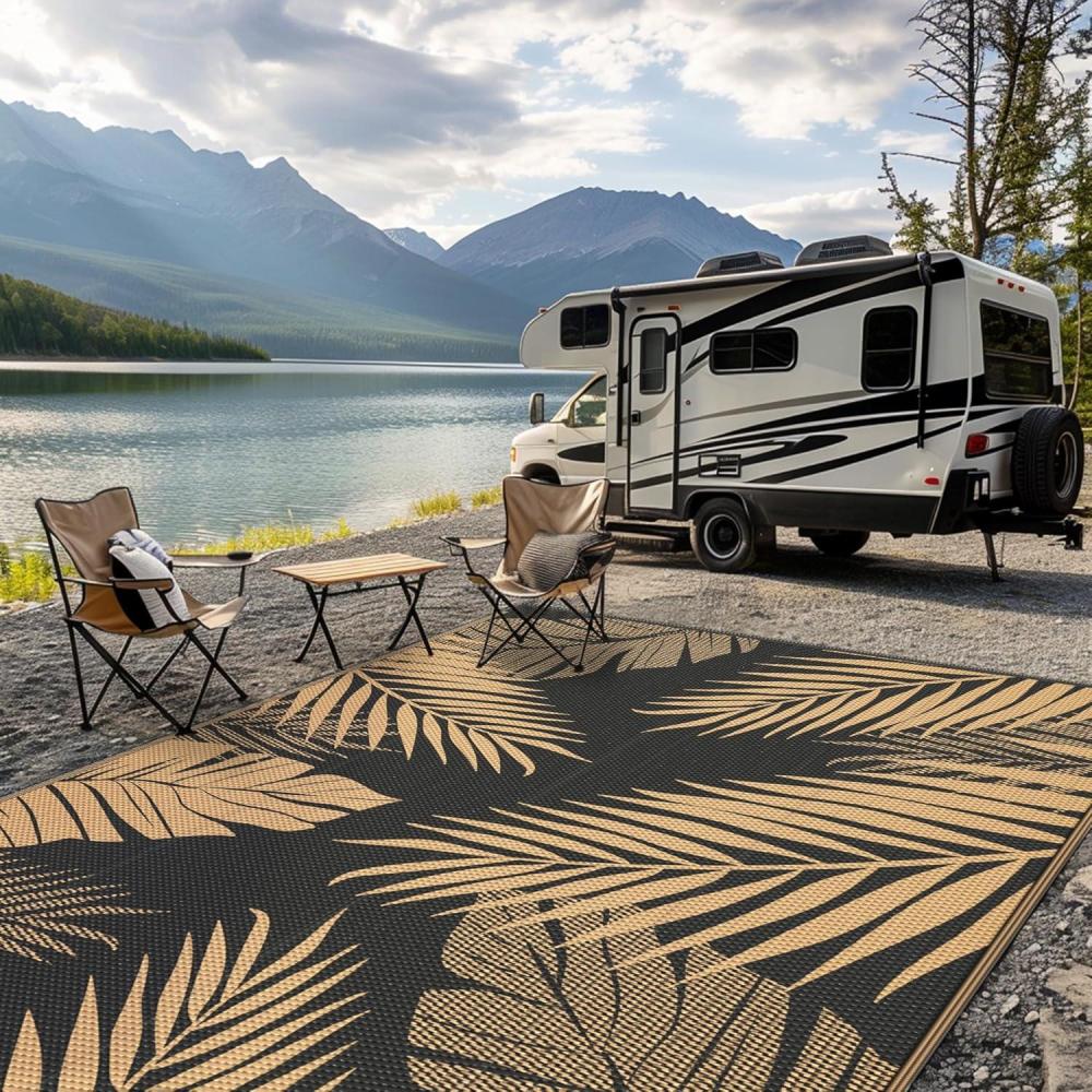 imageGENIMO Outdoor Rug Waterproof for Patio Decor 5x8 Reversible Plastic Straw Rug Carpet Camping Mats for Outdoor RV Backyard Deck Balcony Picnic Blue ampamp WhiteMixblack  Brown