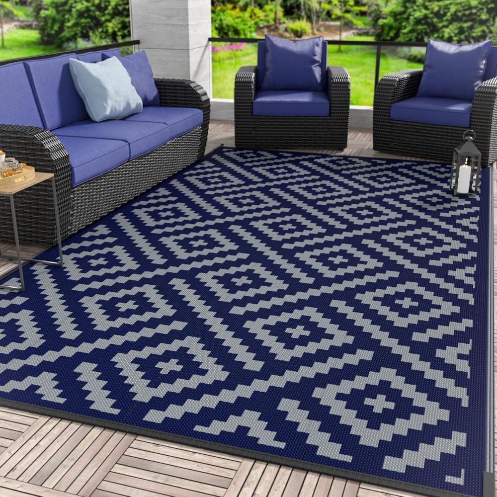 imageGENIMO Outdoor Rug for Patio Clearance9x18 Waterproof MatReversible Plastic Camping RugsRvPorchDeckCamperBalconyBackyardBlack ampamp GrayBluegrey