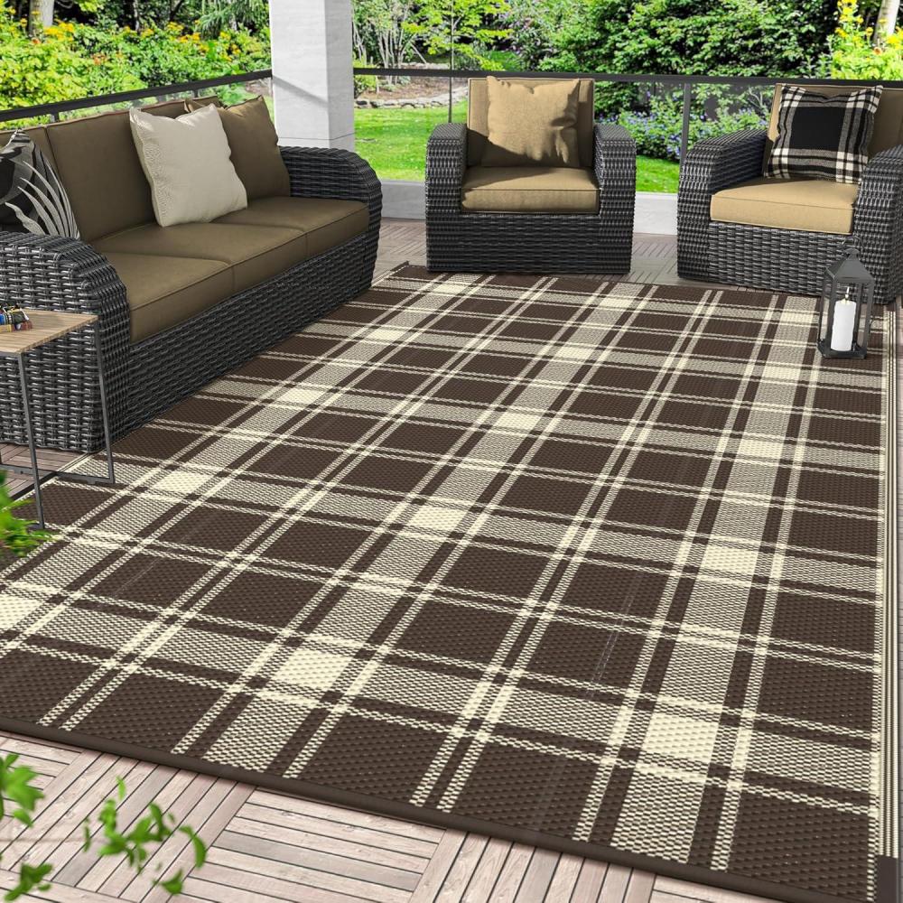 imageGENIMO Outdoor Rug for Patio Clearance9x18 Waterproof MatReversible Plastic Camping RugsRvPorchDeckCamperBalconyBackyardBlack ampamp GrayCoffee Beigec