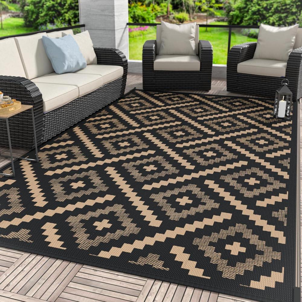imageGENIMO Outdoor Rug for Patio Clearance9x18 Waterproof MatReversible Plastic Camping RugsRvPorchDeckCamperBalconyBackyardBlack ampamp GrayMixblackbrown