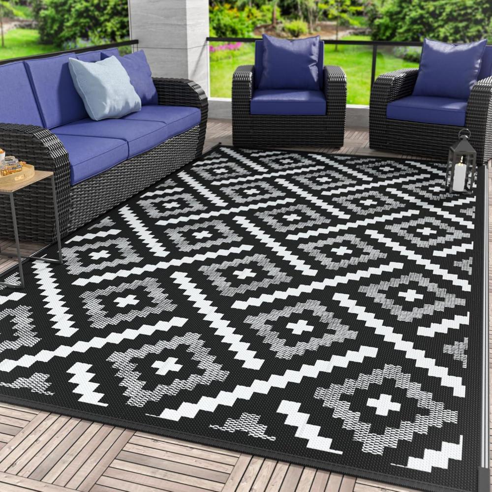 imageGENIMO Outdoor Rug for Patio Clearance9x18 Waterproof MatReversible Plastic Camping RugsRvPorchDeckCamperBalconyBackyardBlack ampamp GrayMixblackwhite