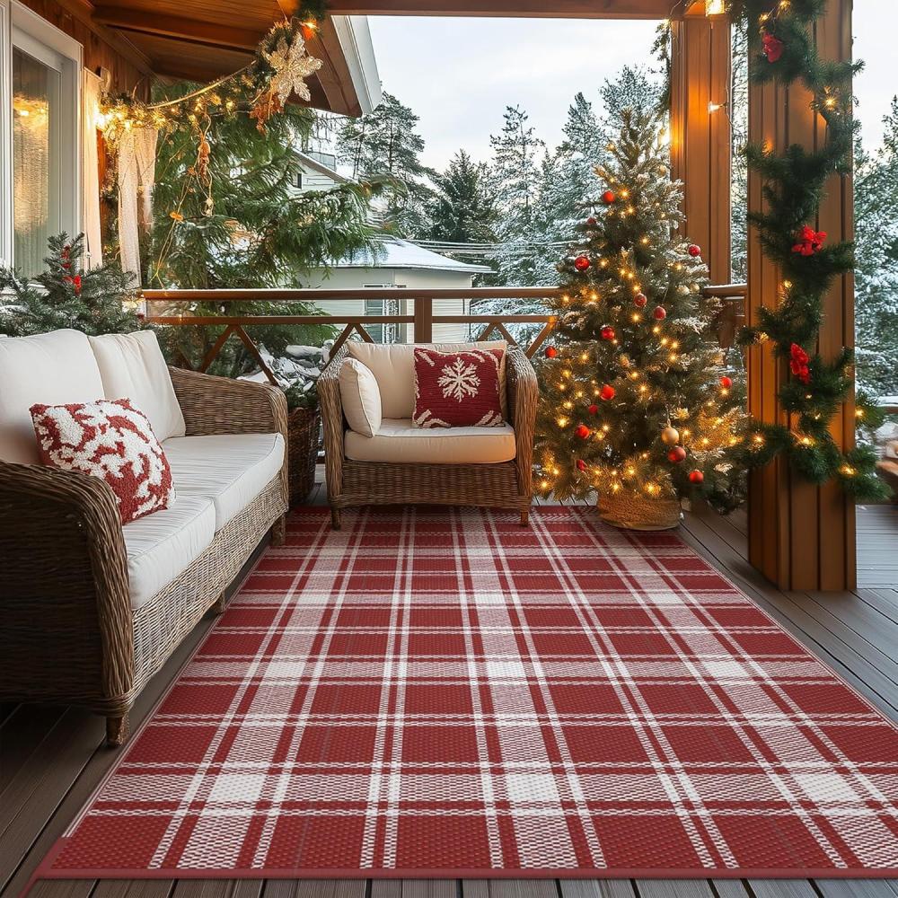 imageGENIMO Outdoor Rug for Patio Clearance9x18 Waterproof MatReversible Plastic Camping RugsRvPorchDeckCamperBalconyBackyardBlack ampamp GrayRed Whitec