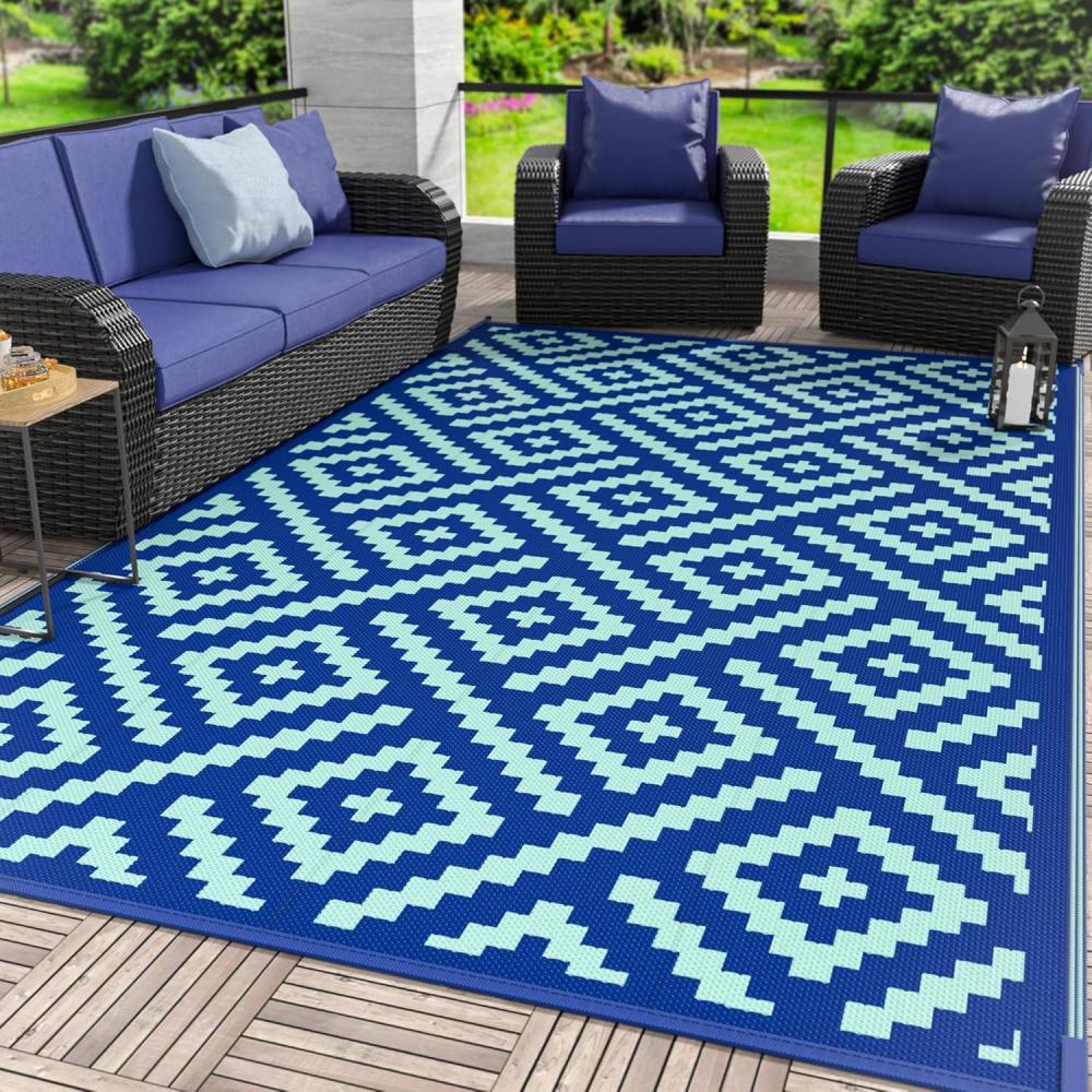 imageGENIMO Outdoor Rug for Patio Clearance9x18 Waterproof MatReversible Plastic Camping RugsRvPorchDeckCamperBalconyBackyardBlack ampamp GrayRoyalbluebluegreen