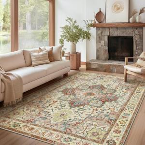 GENIMO 8×10 Area Rugs for Living Room, Machine Washable Non Slip Vintage Retro Rugs, Low Pile Lightweight Chenille Print Rug for Bedroom, Dining Room, Home Office,Floral Blossom