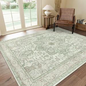 GENIMO 8×10 Area Rugs for Living Room, Machine Washable Non Slip Vintage Rugs, Low Pile Lightweight Chenille Print Rug for Bedroom, Dining Room, Home Office, Oat Light
