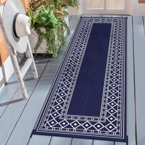 GENIMO Outdoor Rug Waterproof for Patio Decor, 5’x8′ Reversible Plastic Straw Rug Carpet, Camping Mats for Outdoor, RV, Backyard, Deck, Balcony, Picnic, Blue & White(Navy Blue & White | Natural)