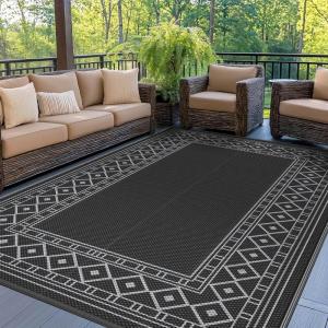 GENIMO Outdoor Rug Waterproof for Patio Decor, 5’x8′ Reversible Plastic Straw Rug Carpet, Camping Mats for Outdoor, RV, Backyard, Deck, Balcony, Picnic, Blue & White(Black & Grey | Natural)