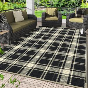 GENIMO Outdoor Rug for Patio Clearance,9’x18′ Waterproof Mat,Reversible Plastic Camping Rugs,Rv,Porch,Deck,Camper,Balcony,Backyard,Black & Gray(Black & Beige-c)