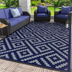 GENIMO Outdoor Rug for Patio Clearance,9’x18′ Waterproof Mat,Reversible Plastic Camping Rugs,Rv,Porch,Deck,Camper,Balcony,Backyard,Black & Gray(Blue&grey)