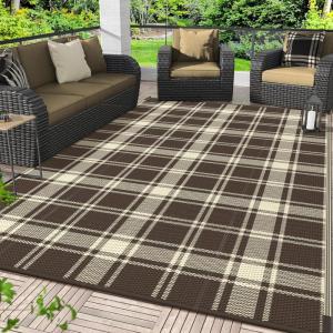 GENIMO Outdoor Rug for Patio Clearance,9’x18′ Waterproof Mat,Reversible Plastic Camping Rugs,Rv,Porch,Deck,Camper,Balcony,Backyard,Black & Gray(Coffee & Beige-c)