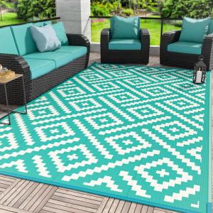 GENIMO Outdoor Rug for Patio Clearance,9’x18′ Waterproof Mat,Reversible Plastic Camping Rugs,Rv,Porch,Deck,Camper,Balcony,Backyard,Black & Gray(Lakegreen&beigewhite)