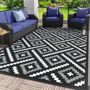 GENIMO Outdoor Rug for Patio Clearance,9’x18′ Waterproof Mat,Reversible Plastic Camping Rugs,Rv,Porch,Deck,Camper,Balcony,Backyard,Black & Gray(Mix-blackwhite)