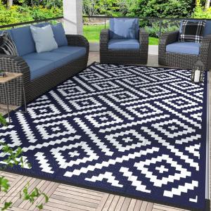 GENIMO Outdoor Rug for Patio Clearance,9’x18′ Waterproof Mat,Reversible Plastic Camping Rugs,Rv,Porch,Deck,Camper,Balcony,Backyard,Black & Gray(Navy Blue&white)