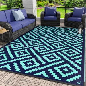 GENIMO Outdoor Rug for Patio Clearance,9’x18′ Waterproof Mat,Reversible Plastic Camping Rugs,Rv,Porch,Deck,Camper,Balcony,Backyard,Black & Gray(Navyblue&jadegreen)