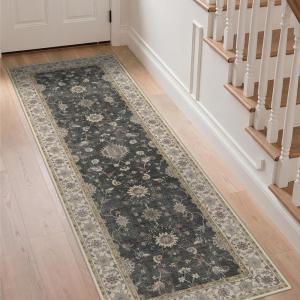 GENIMO Runner Rug for Hallways Machine Washable, 2×10 Non Slip Boho Vintage Lightweight Washable Runners, Thin Floor Rugs for Entryway Hallway Bathroom Laundry Room Corridor, Light Sage(Charcoal Brown)