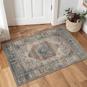 GENIMO Runner Rug for Hallways Machine Washable, 2×10 Non Slip Boho Vintage Lightweight Washable Runners, Thin Floor Rugs for Entryway Hallway Bathroom Laundry Room Corridor, Light Sage(Center Taupe Brown)