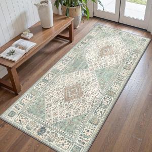 GENIMO Runner Rug for Hallways Machine Washable, 2×10 Non Slip Boho Vintage Lightweight Washable Runners, Thin Floor Rugs for Entryway Hallway Bathroom Laundry Room Corridor, Light Sage(Center Oat Green)