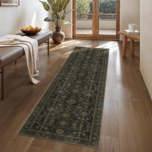 GENIMO Runner Rug for Hallways Machine Washable, 2×10 Non Slip Boho Vintage Lightweight Washable Runners, Thin Floor Rugs for Entryway Hallway Bathroom Laundry Room Corridor, Light Sage(Wood Brown)