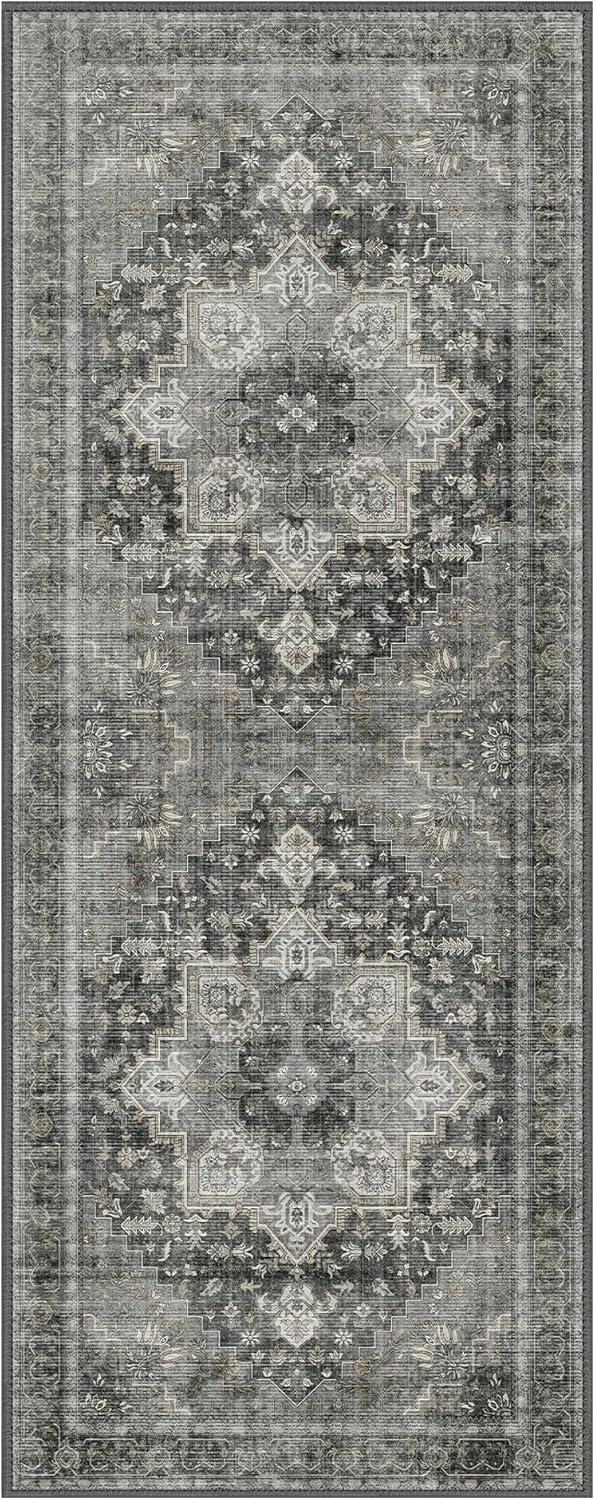 imageGENIMO 26X6 Runner Rug Non Slip Machine Washable Hallway Runners Low Plie ampamp Thin Vintage Rug for Hallway Kitchen Laundry Entryway Bedroom ampamp Living Room Dark GrayGrey