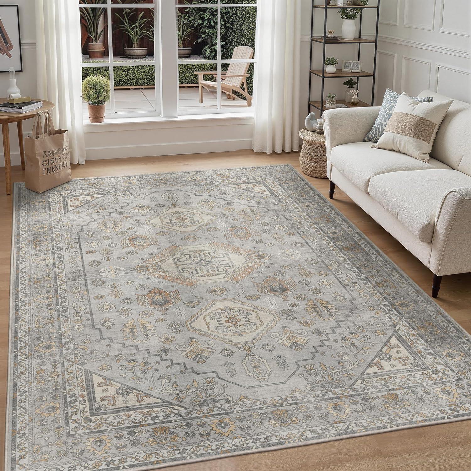 imageGENIMO 26X6 Runner Rug Non Slip Machine Washable Hallway Runners Low Plie ampamp Thin Vintage Rug for Hallway Kitchen Laundry Entryway Bedroom ampamp Living Room Dark GrayBeigeGrey