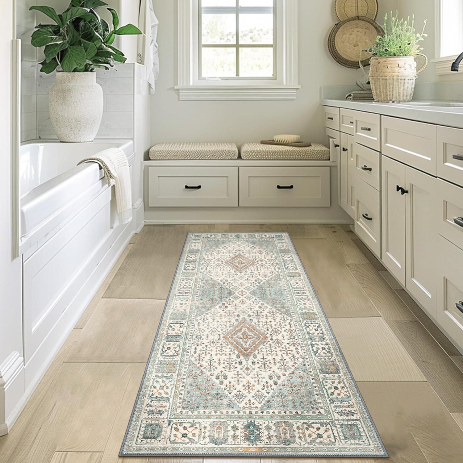 imageGENIMO 26X6 Runner Rug Non Slip Machine Washable Hallway Runners Low Plie ampamp Thin Vintage Rug for Hallway Kitchen Laundry Entryway Bedroom ampamp Living Room Dark GrayGreen