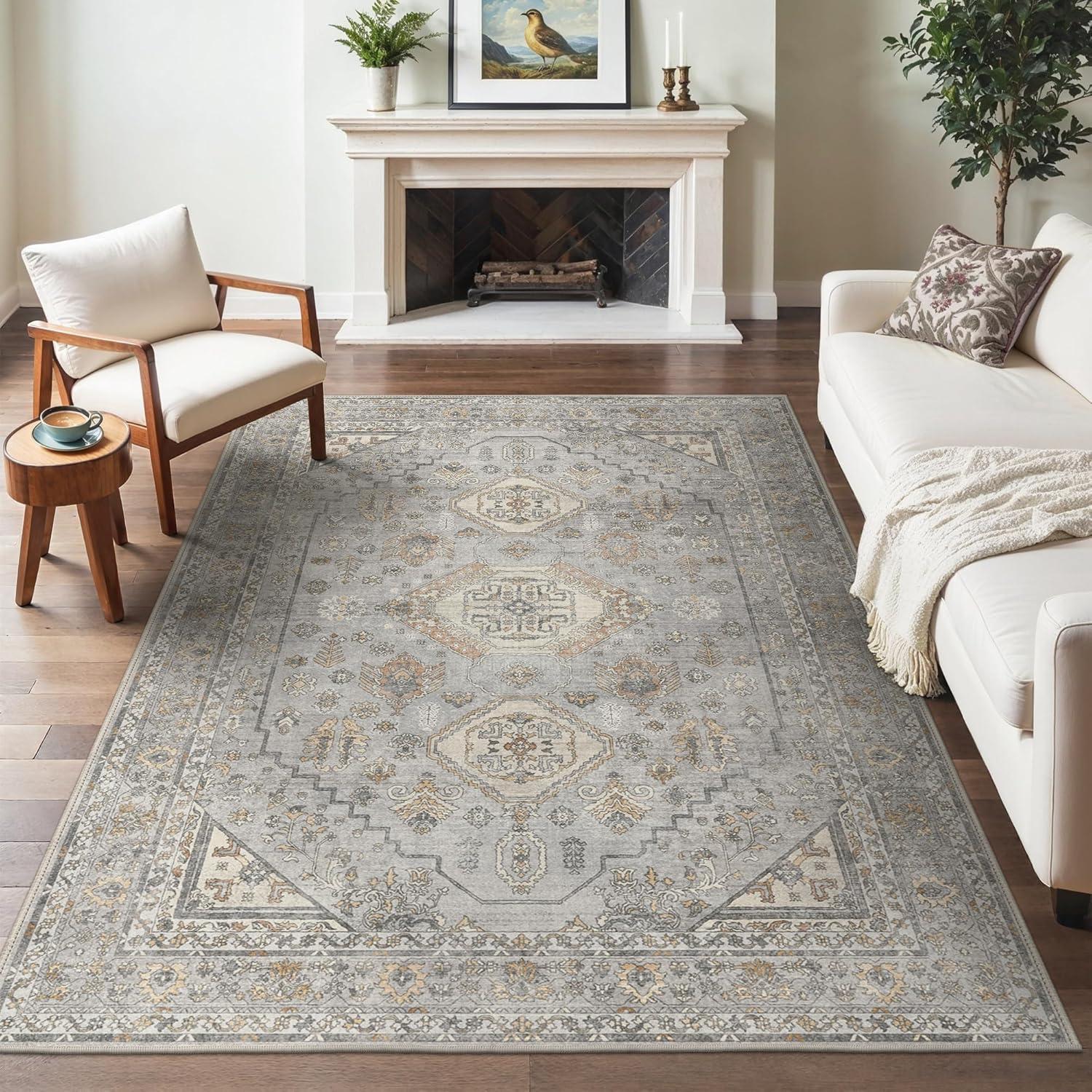 imageGENIMO 26X6 Runner Rug Non Slip Machine Washable Hallway Runners Low Plie ampamp Thin Vintage Rug for Hallway Kitchen Laundry Entryway Bedroom ampamp Living Room Dark GrayBeigeGrey