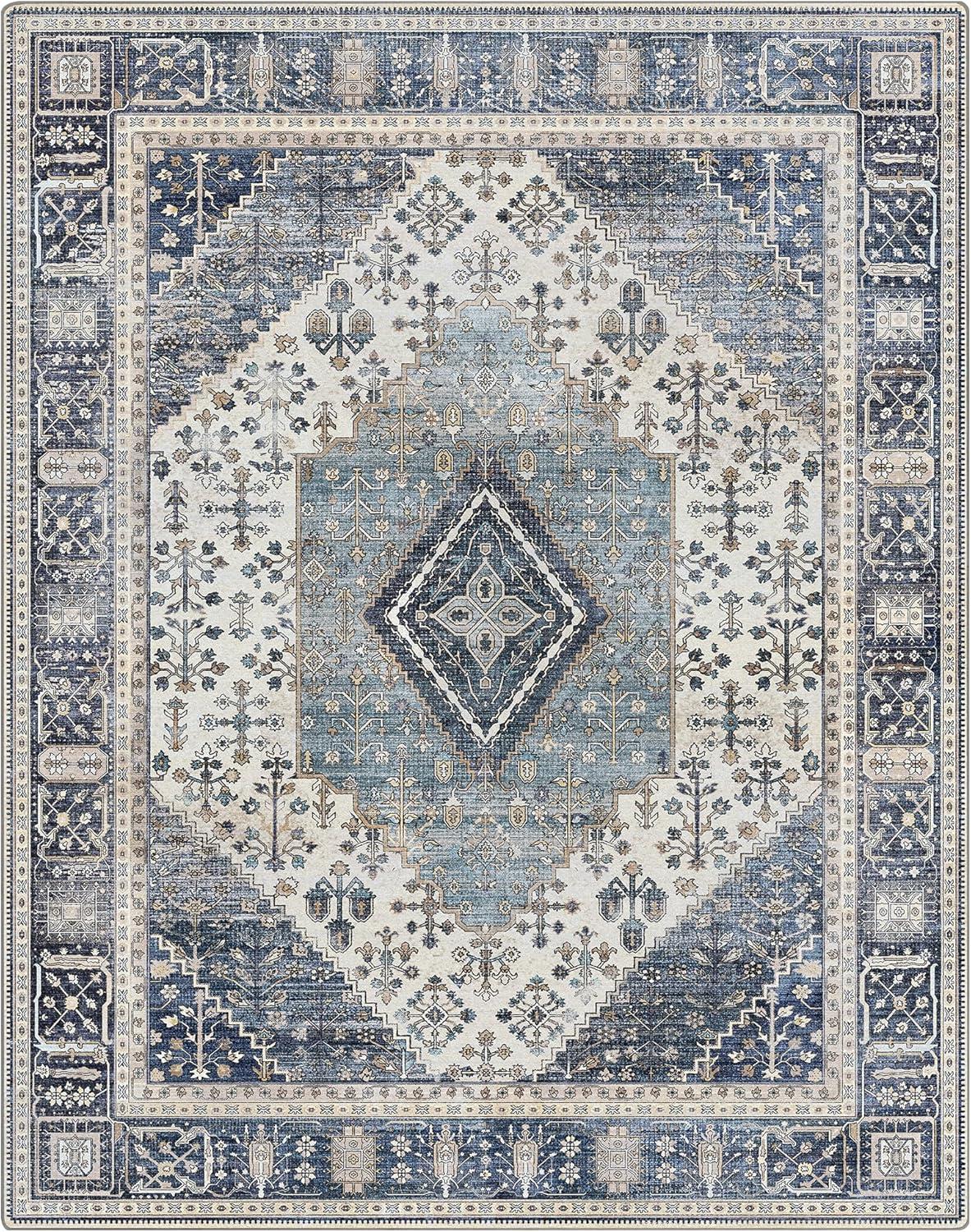 imageGENIMO 26X6 Runner Rug Non Slip Machine Washable Hallway Runners Low Plie ampamp Thin Vintage Rug for Hallway Kitchen Laundry Entryway Bedroom ampamp Living Room Dark GrayBlue