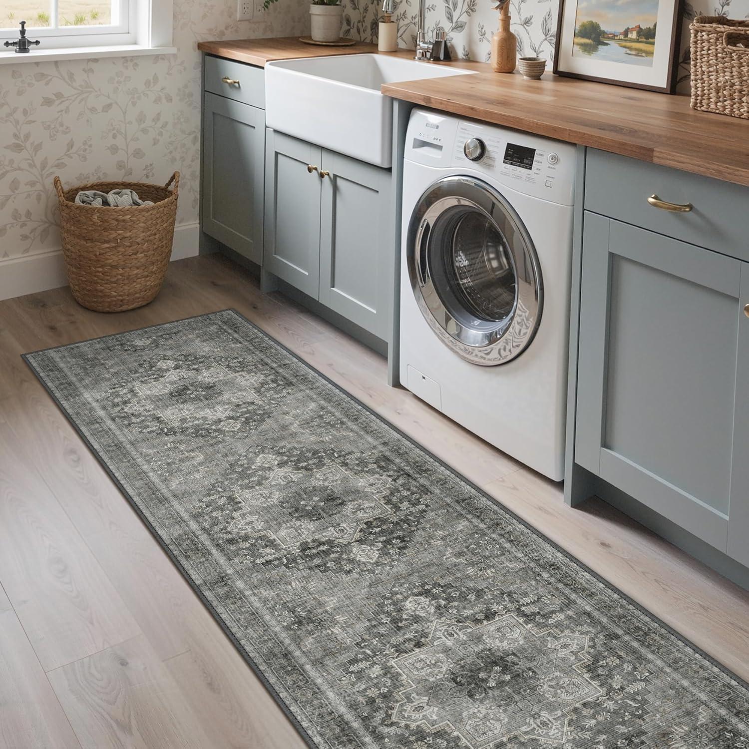 imageGENIMO 26X6 Runner Rug Non Slip Machine Washable Hallway Runners Low Plie ampamp Thin Vintage Rug for Hallway Kitchen Laundry Entryway Bedroom ampamp Living Room Dark GrayGrey