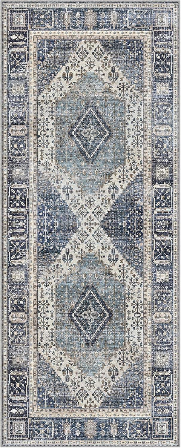 imageGENIMO 26X6 Runner Rug Non Slip Machine Washable Hallway Runners Low Plie ampamp Thin Vintage Rug for Hallway Kitchen Laundry Entryway Bedroom ampamp Living Room Dark GrayBlue