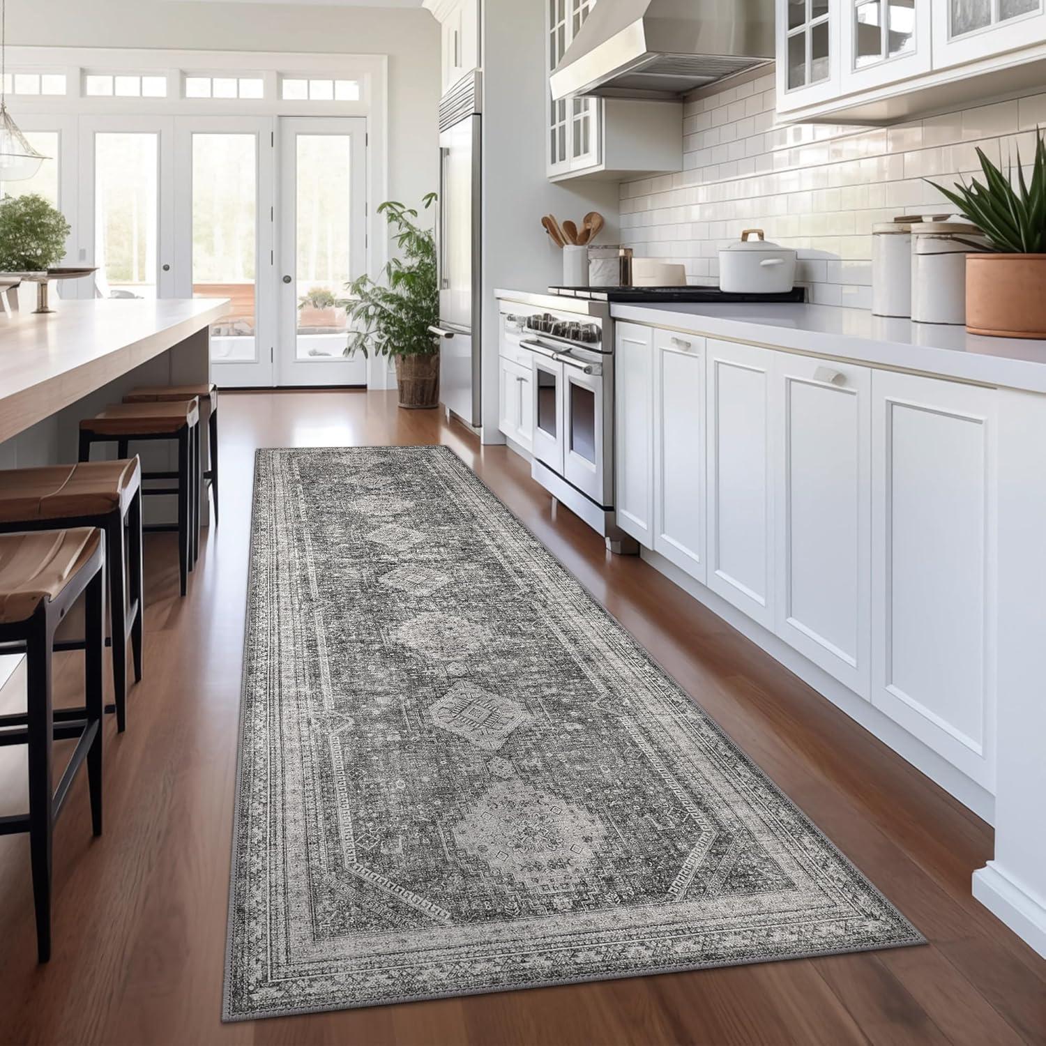 imageGENIMO 26X6 Runner Rug Non Slip Machine Washable Hallway Runners Low Plie ampamp Thin Vintage Rug for Hallway Kitchen Laundry Entryway Bedroom ampamp Living Room Dark GrayGrey