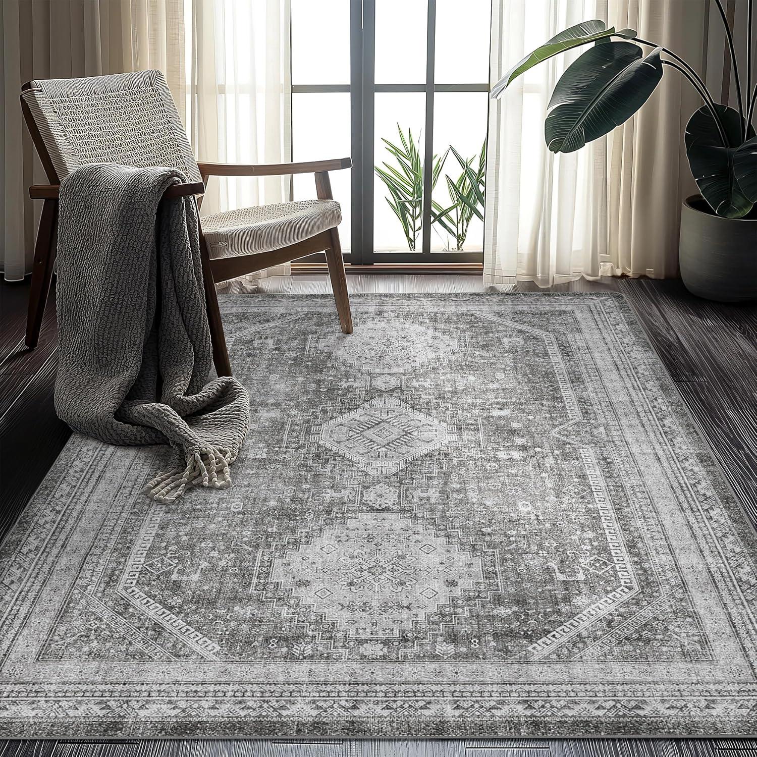 imageGENIMO 26X6 Runner Rug Non Slip Machine Washable Hallway Runners Low Plie ampamp Thin Vintage Rug for Hallway Kitchen Laundry Entryway Bedroom ampamp Living Room Dark GrayGrey