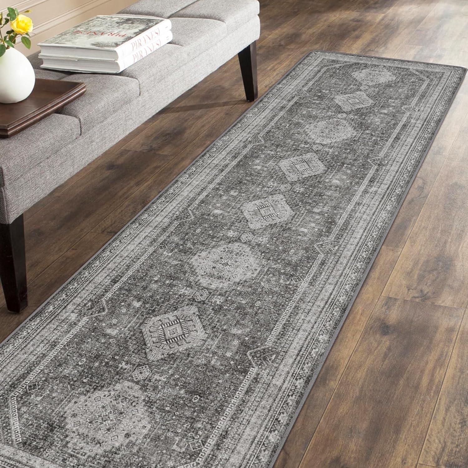 imageGENIMO 26X6 Runner Rug Non Slip Machine Washable Hallway Runners Low Plie ampamp Thin Vintage Rug for Hallway Kitchen Laundry Entryway Bedroom ampamp Living Room Dark GrayGrey