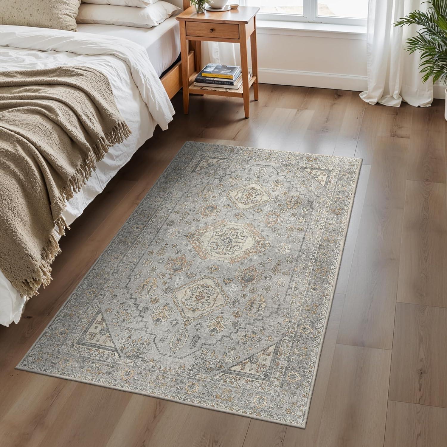 imageGENIMO 26X6 Runner Rug Non Slip Machine Washable Hallway Runners Low Plie ampamp Thin Vintage Rug for Hallway Kitchen Laundry Entryway Bedroom ampamp Living Room Dark GrayBeigeGrey