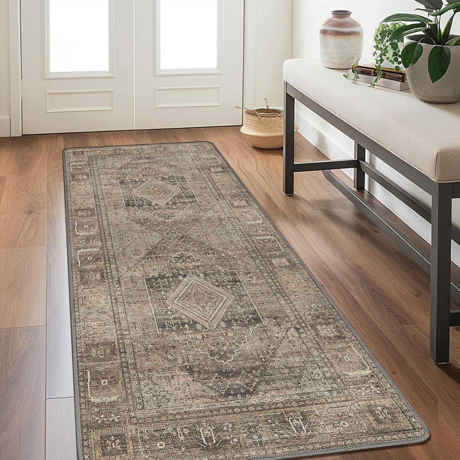 imageGENIMO 26X6 Runner Rug Non Slip Machine Washable Hallway Runners Low Plie ampamp Thin Vintage Rug for Hallway Kitchen Laundry Entryway Bedroom ampamp Living Room Dark GrayTan