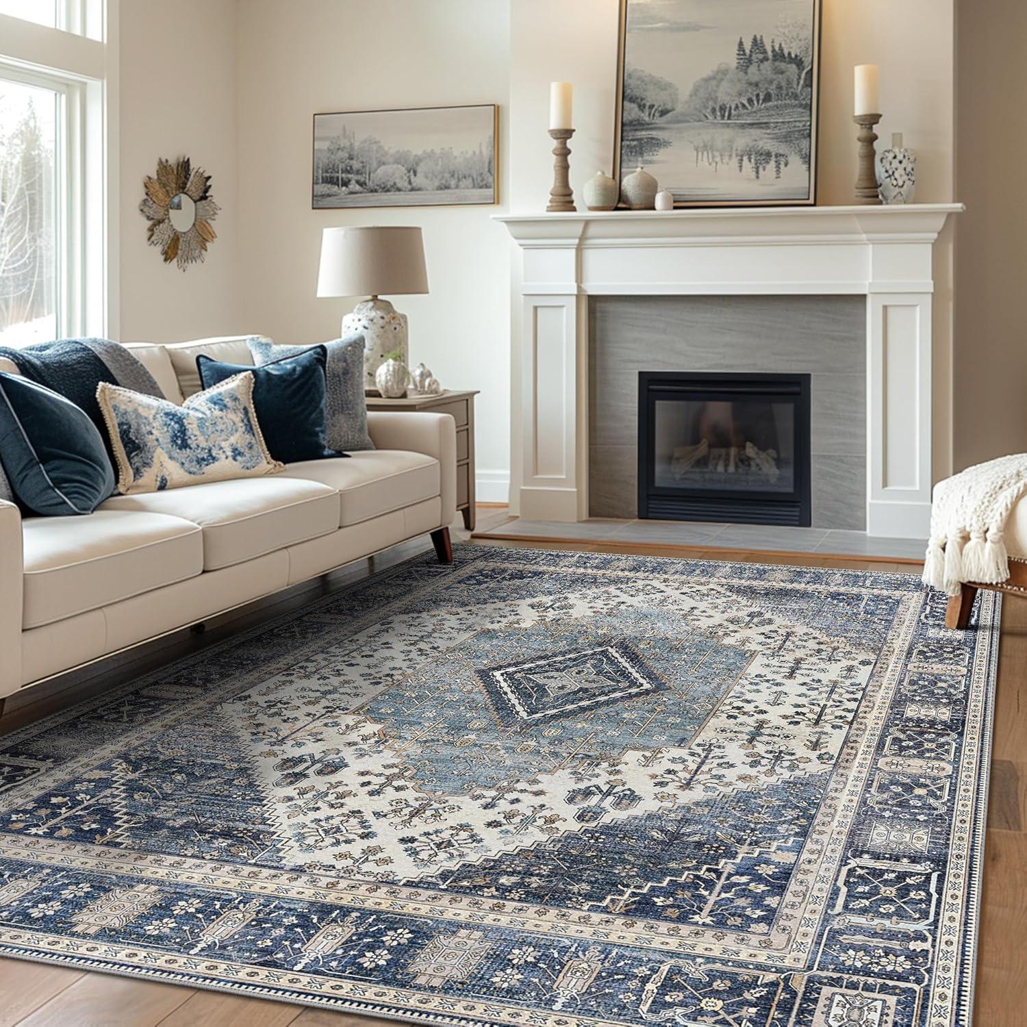 imageGENIMO 26X6 Runner Rug Non Slip Machine Washable Hallway Runners Low Plie ampamp Thin Vintage Rug for Hallway Kitchen Laundry Entryway Bedroom ampamp Living Room Dark GrayBlue