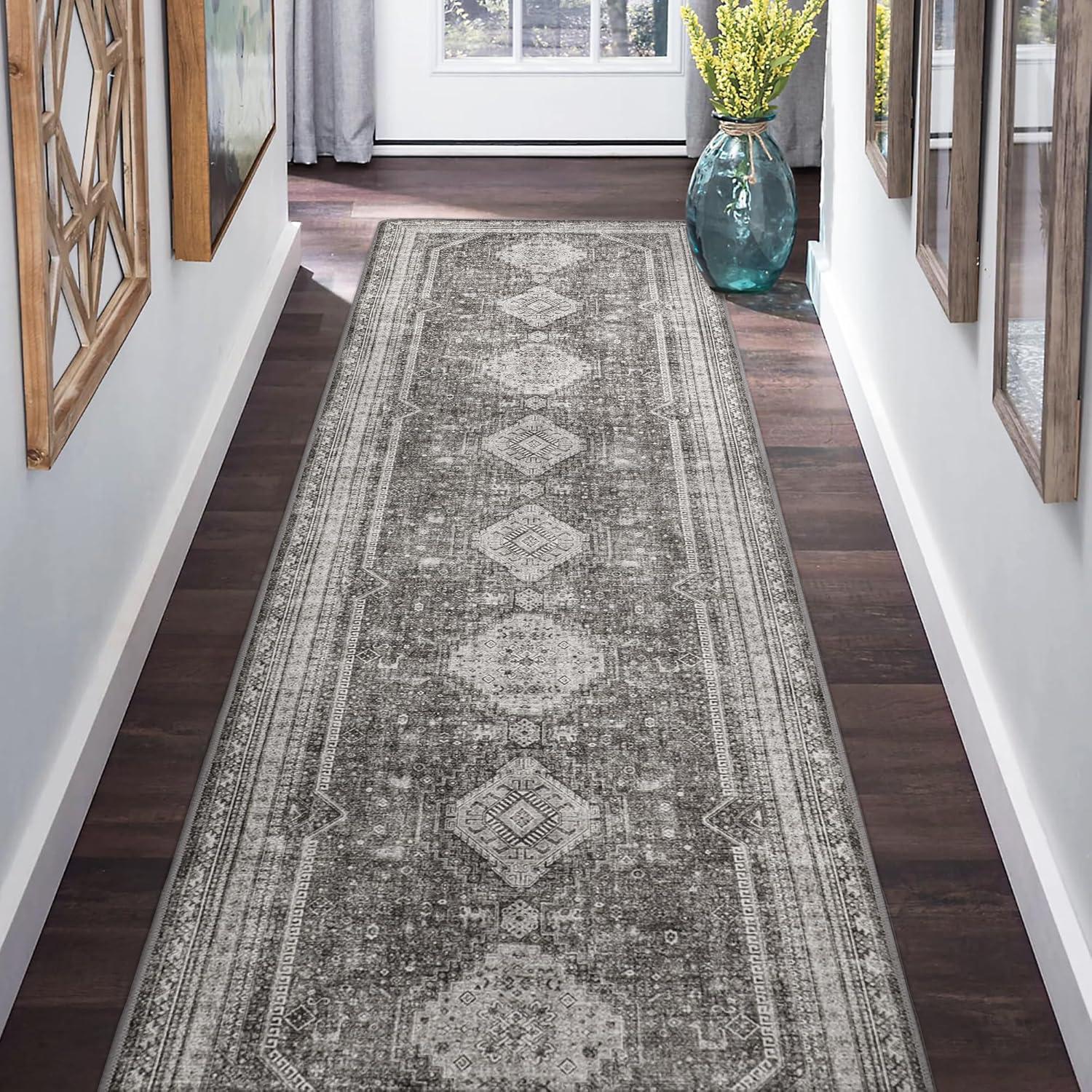 imageGENIMO 26X6 Runner Rug Non Slip Machine Washable Hallway Runners Low Plie ampamp Thin Vintage Rug for Hallway Kitchen Laundry Entryway Bedroom ampamp Living Room Dark GrayGrey