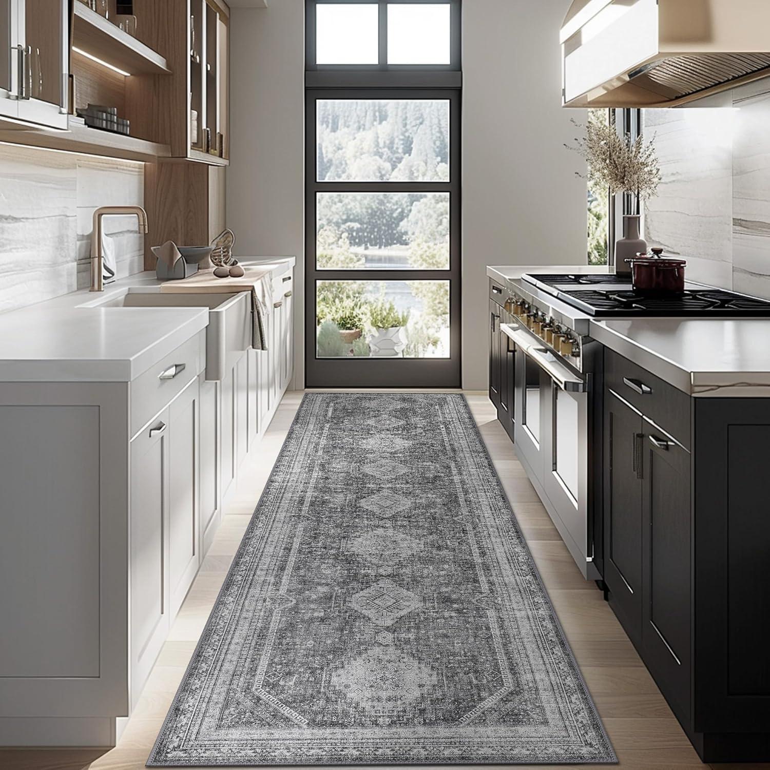 imageGENIMO 26X6 Runner Rug Non Slip Machine Washable Hallway Runners Low Plie ampamp Thin Vintage Rug for Hallway Kitchen Laundry Entryway Bedroom ampamp Living Room Dark GrayGrey