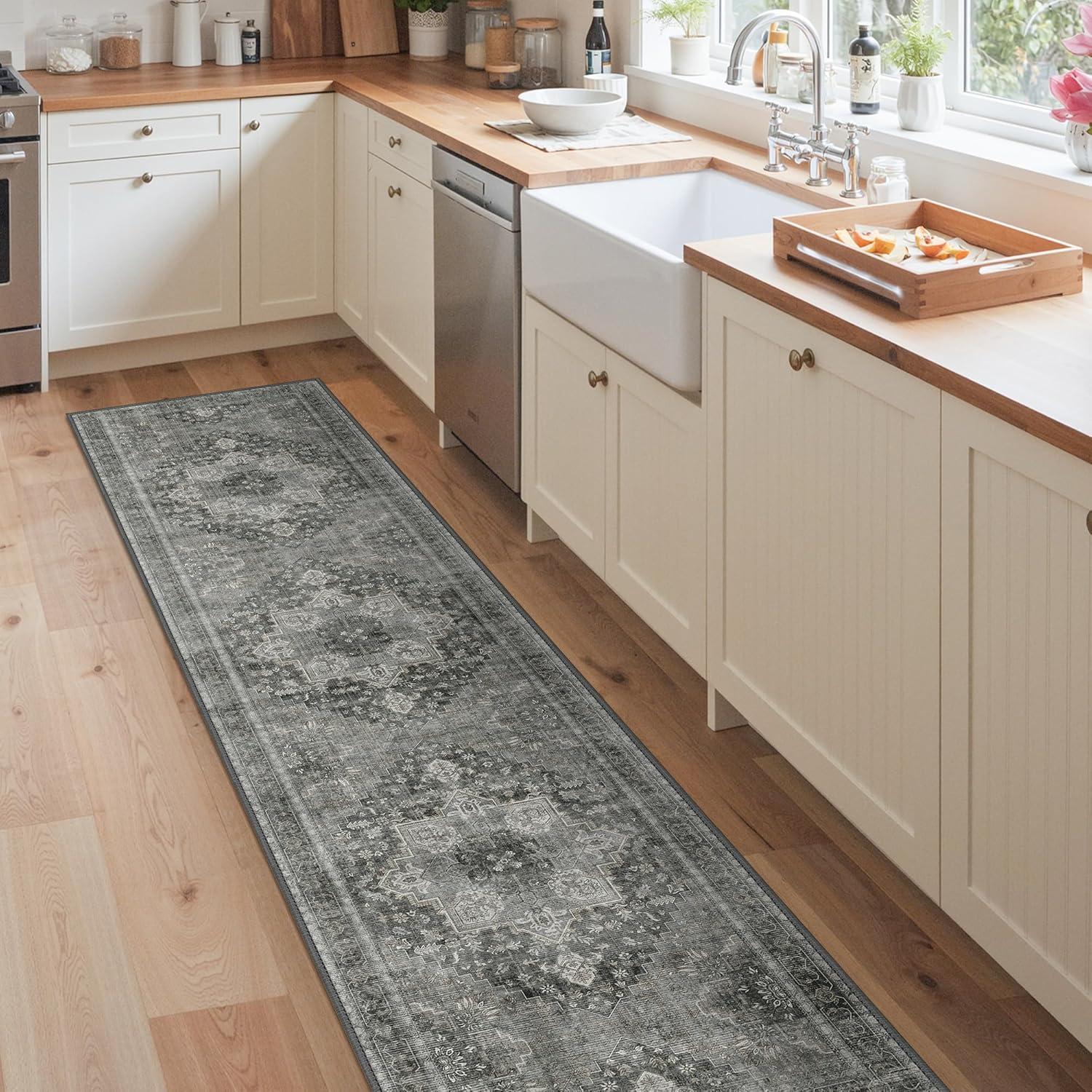imageGENIMO 26X6 Runner Rug Non Slip Machine Washable Hallway Runners Low Plie ampamp Thin Vintage Rug for Hallway Kitchen Laundry Entryway Bedroom ampamp Living Room Dark GrayGrey