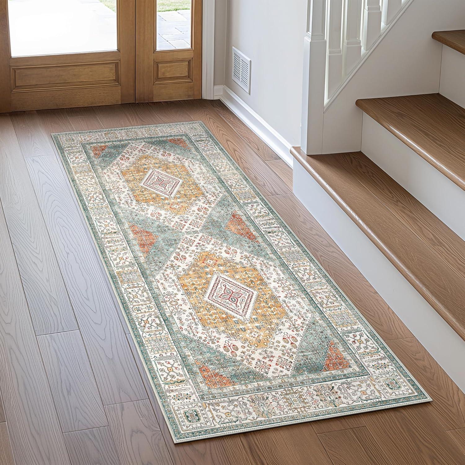imageGENIMO 26X6 Runner Rug Non Slip Machine Washable Hallway Runners Low Plie ampamp Thin Vintage Rug for Hallway Kitchen Laundry Entryway Bedroom ampamp Living Room Dark GrayCyan