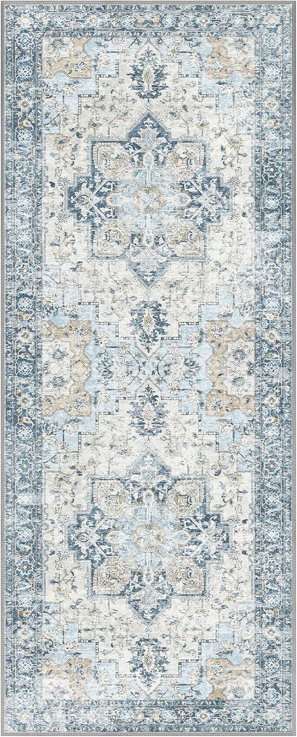 imageGENIMO 26X6 Runner Rug Non Slip Machine Washable Hallway Runners Low Plie ampamp Thin Vintage Rug for Hallway Kitchen Laundry Entryway Bedroom ampamp Living Room Dark GrayLight Blue