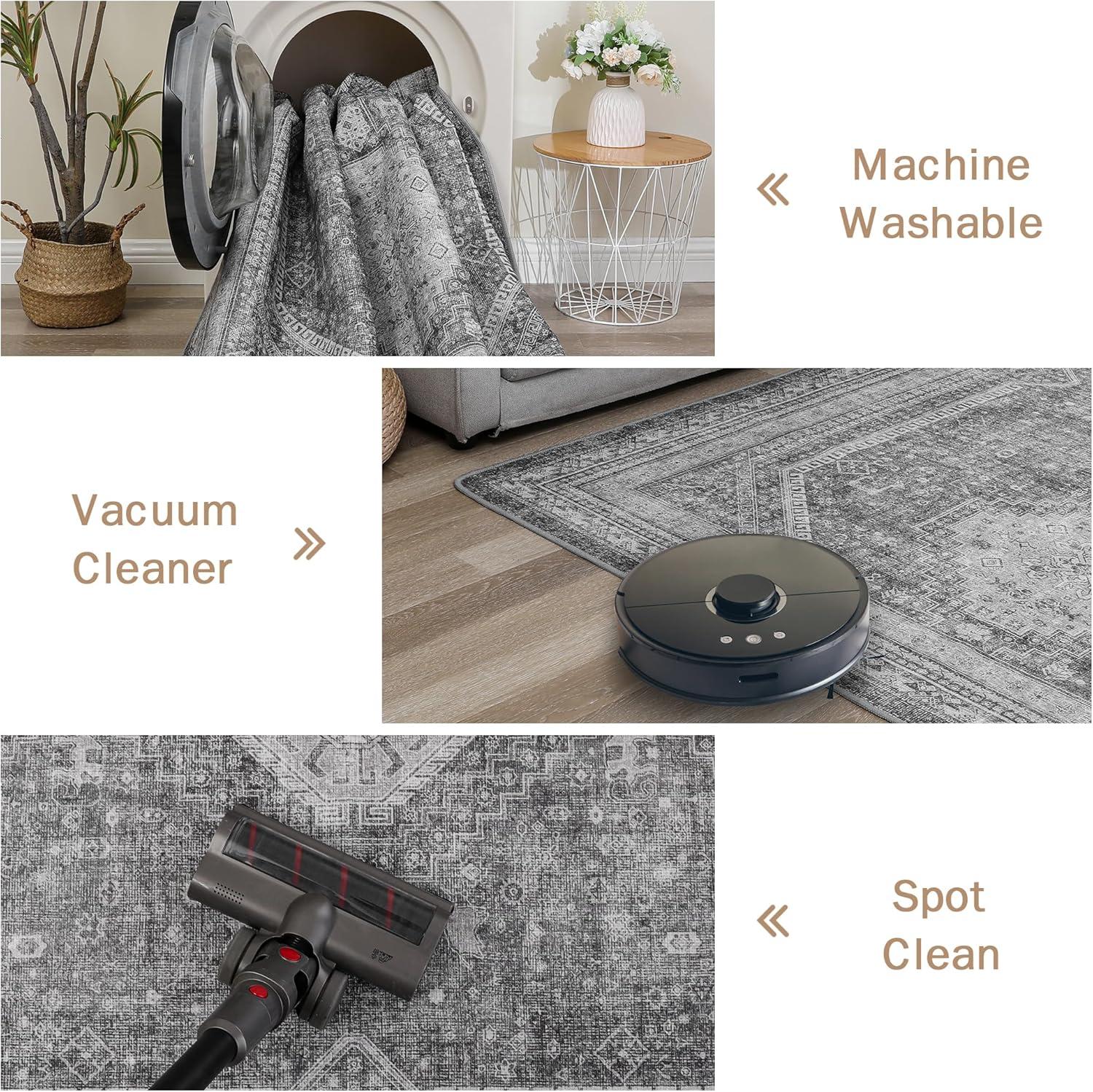 imageGENIMO 26X6 Runner Rug Non Slip Machine Washable Hallway Runners Low Plie ampamp Thin Vintage Rug for Hallway Kitchen Laundry Entryway Bedroom ampamp Living Room Dark GrayGrey