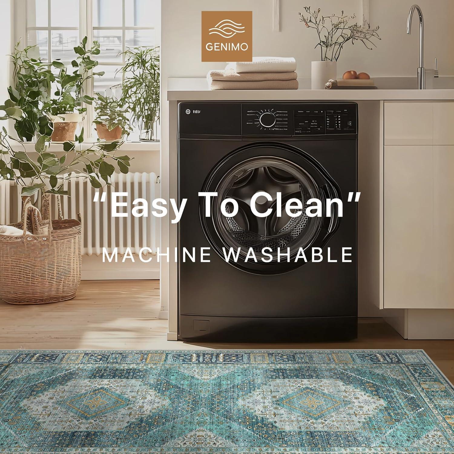 imageGENIMO 26X6 Runner Rug Non Slip Machine Washable Hallway Runners Low Plie ampamp Thin Vintage Rug for Hallway Kitchen Laundry Entryway Bedroom ampamp Living Room Dark GrayTeal Blue